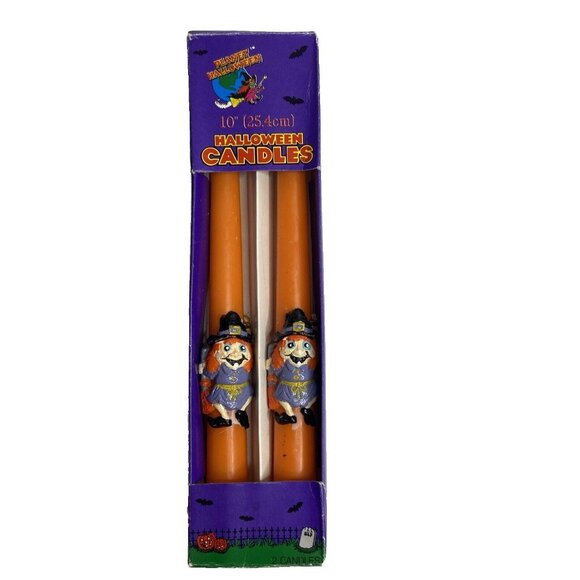Vintage Halloween Taper Candles Witch Orange 10 in Unused 2 Pack Original Box - Picture 1 of 7